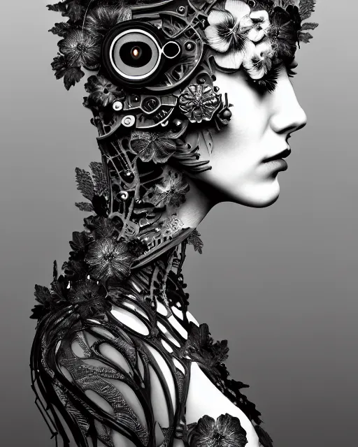 Image similar to monochrome profile portrait painting, dutch masters, silver lace floral steampunk biomechanical beautiful young female cyborg with one techno eye, monocular, volumetric light, leaves foliage and stems, hibiscus flowers, alexander mcqueen, rim light, big gothic fashion pearl embroidered collar, 8 k