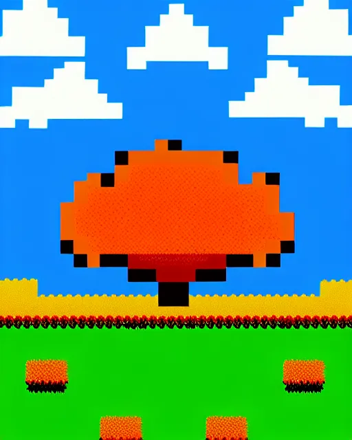 Image similar to 8 bit indie arcade game scene, blue sky with clouds, 2 8 different autumn trees with colored leaves, leaf fall.. details of the game trees, earth, clouds, sky background