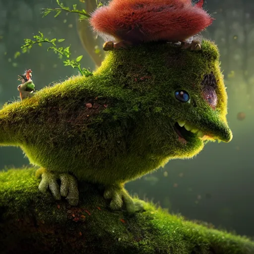 Image similar to a highly detailed digital painting of a tiny cute mossy forest creature by bobby chiu, trending on artstation, octane render, 4 k, unreal 5, big amber eyes, smiling, at sunset, macro photography, goro fujita