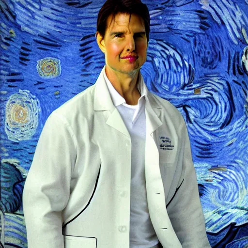 Image similar to Tom Cruise in white lab coat by Van Gogh