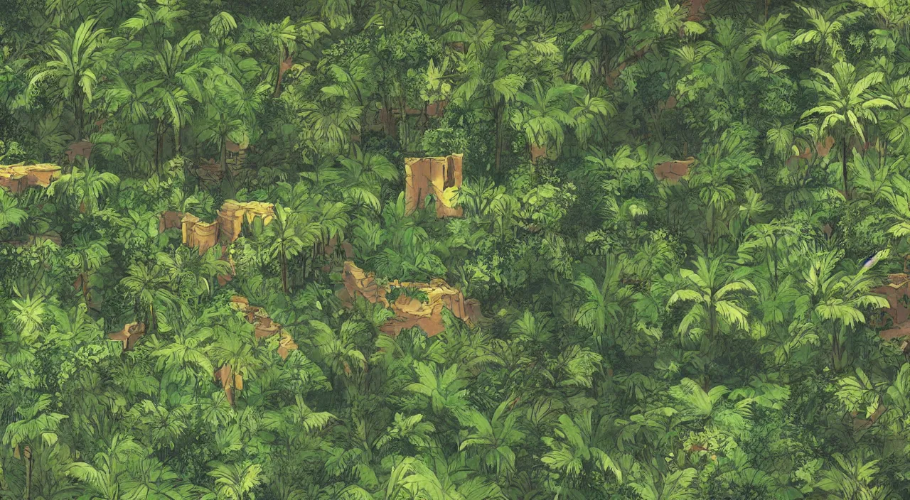 Image similar to close zouk fabric wall fortress landscape jungle dirt a spectacular view cinematic illustration by john kirby