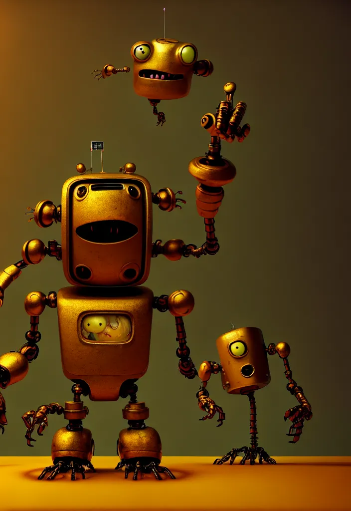 Image similar to , grotesque despair cute monster smooth paneling, golden robotic chest, with damaged rusty arms, broken antenna, recycled, floating, dystopia, oil, mechanical, toy, ambient light, in the style of pixar animation, pokedstudios, blender, octane render, 8 k, gediminas pranckevicius