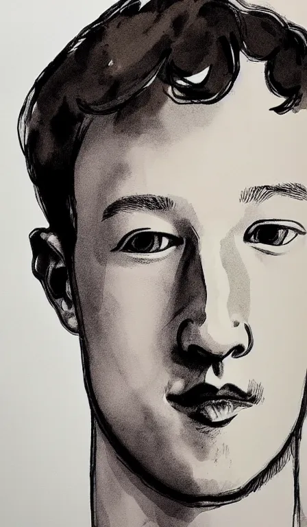 Prompt: monochrome zuckerberg closeup, by Shen Quan, hanging scroll, ink and muted colours on sil