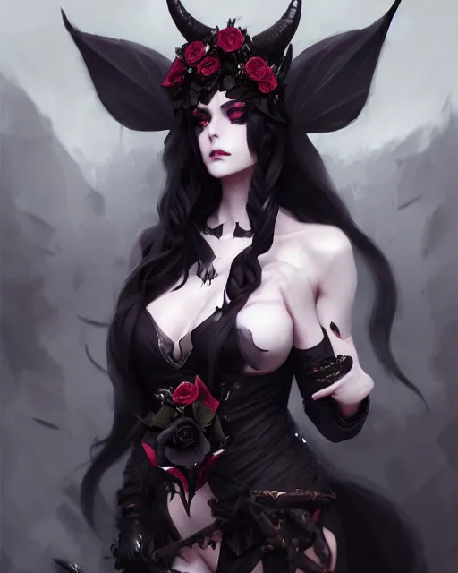 Image similar to beautifully dressed dark sorceress surrounded by black roses horns and skulls, cushart krenz, very detailed, realistic face, detailed face, matte, tonemapping, bbwchan, perfection, 4 k, cushart krenz