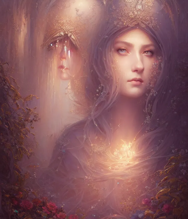 Image similar to highly detailed portrait of beautiful ethereal woman in ornate clothing, stephen bliss, unreal engine, fantasy art by greg rutkowski, loish, rhads, ferdinand knab, makoto shinkai and lois van baarle, ilya kuvshinov, rossdraws, tom bagshaw, global illumination, radiant light, detailed and intricate environment