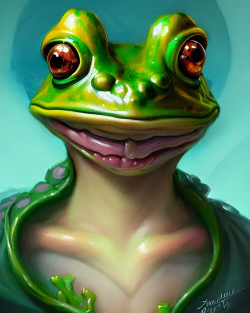 Image similar to digital art, fantasy portrait of a frog prince with a large smile, by james jean, by ross tran, ultra detailed, character design, concept art, trending on artstation,