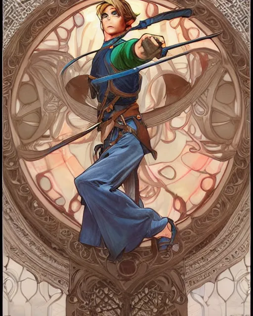 Prompt: if link was a real boy, beautiful shadowing, 3 d shadowing, reflective surfaces, 8 k, beautifully detailed pencil illustration, intricate, epic composition, masterpiece, bold complimentary colors. stunning masterfully illustrated by artgerm, range murata, alphonse mucha