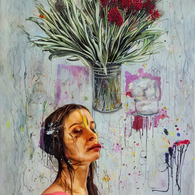 Image similar to “ a portrait in a female art student ’ s apartment, australian wildflowers, sensual, queer woman, flax, flannel flower, bottlebrush, eucalyptus, art supplies, a candle dripping white wax, clay, squashed berries, berry juice drips, acrylic and spray paint and oilstick on canvas, surrealism, neoexpressionism ”