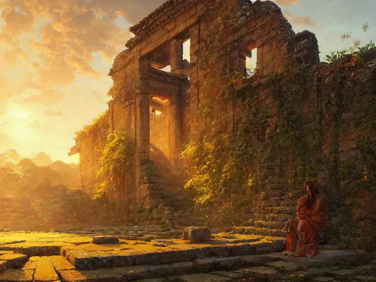 Prompt: ancient city ruins, ⛩, oil painting, 8 k, beautiful, vine, golden light, highly detailed, smoothly, artstation, cinematic, concept art, by wlop, by greg rutkowski, by artgerm