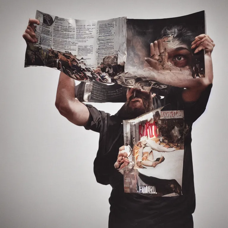 Prompt: realistic exposed expired fuji film portrait of a man holding up a magazine named kampanje, hyperrealism, hypermaximalism, photorealistic, detailed, atmospheric, 8 k, award winning photography, cinematic