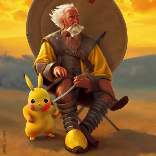Prompt: portrait of don quixote sitting on a pikachu, windmill, summer, sun in the zenith, digital art, highly detailed, stunning scene, realism, stunning scene, bright colors, trending on artstation, masterpiece