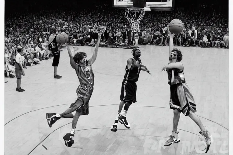 Image similar to peter dinklage dunking a basketball nba slam dunk contest 1 9 9 8, in the style of eugene atget and peter witkin