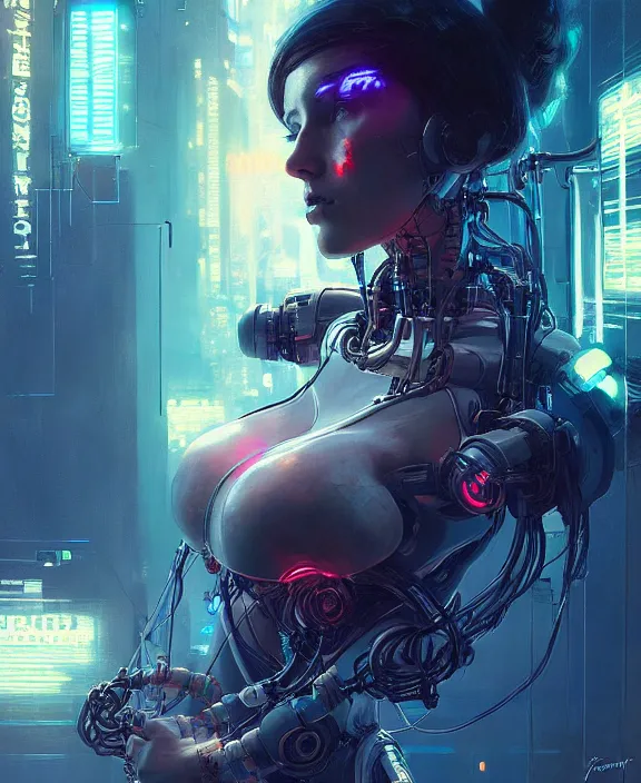 Prompt: portrait of cute robot cyborg woman, wires, neon lights, striking eyes, cyberpunk, highly detailed painting by jeremy mann and cd projekt red and charlie bowater and titian and artgerm