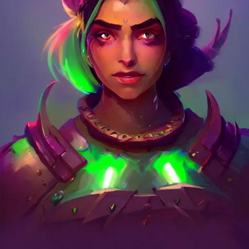 Image similar to beautiful orc woman with glowing green hair, portrait, maya ali mage, gloomhaven, dynamic lighting, gaudy colors, octane render aesthetic, matte painting concept art, official fanart behance hd artstation by jesper ejsing, by rhads and makoto shinkai and lois van baarle and ilya kuvshinov and rossdraws