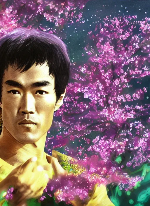 Image similar to portrait of Bruce Lee as a Celestial of a futuristic pearlescent holographic, inside future fighter, sci-fi, fantasy, intricate, lush garden spaceship with sakura season flowers in Kyoto Japan, elegant, human anatomy, royal green and nature light, highly detailed, digital painting, artstation, concept art, smooth, sharp focus, illustration, art by tian zi and WLOP and alphonse mucha, masterpiece, 3d blender