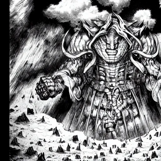 Image similar to a man drowning in the deepest pits of hell by kentaro miura, stunning artwork, wide shot angle