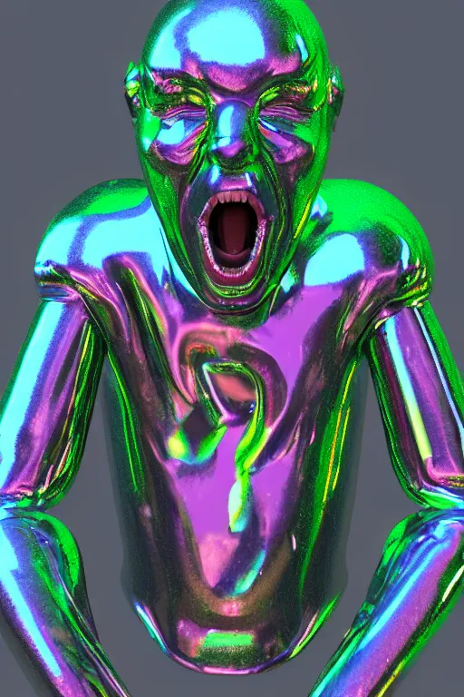 Image similar to 3d render of holographic angry human robotic screaming angry bust made of glossy iridescent, screaming, bust, surrealistic 3d illustration of a human non-binary, non binary model, 3d model human, cryengine, made of holographic texture, holographic material, holographic rainbow, concept of cyborg and artificial intelligence
