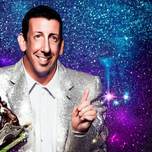 Image similar to Adam Sandler with silver-violet hair, white eyes and golden glittery dress, wide lens, diorama, 4k,