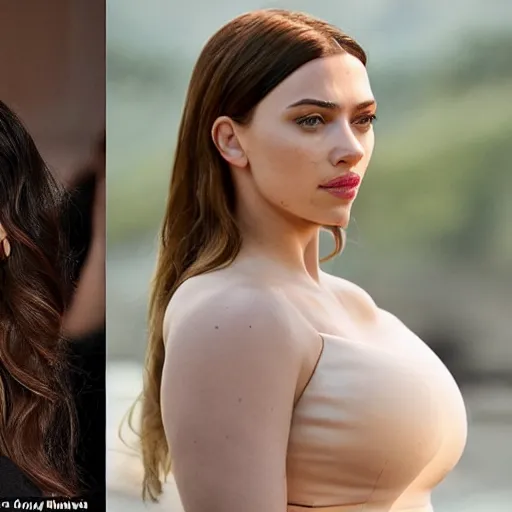 Image similar to a woman who is a genetic combination of kim kardashian and kat dennings and scarlett johansson and margot robbie and emma watson, face and upper - body focus