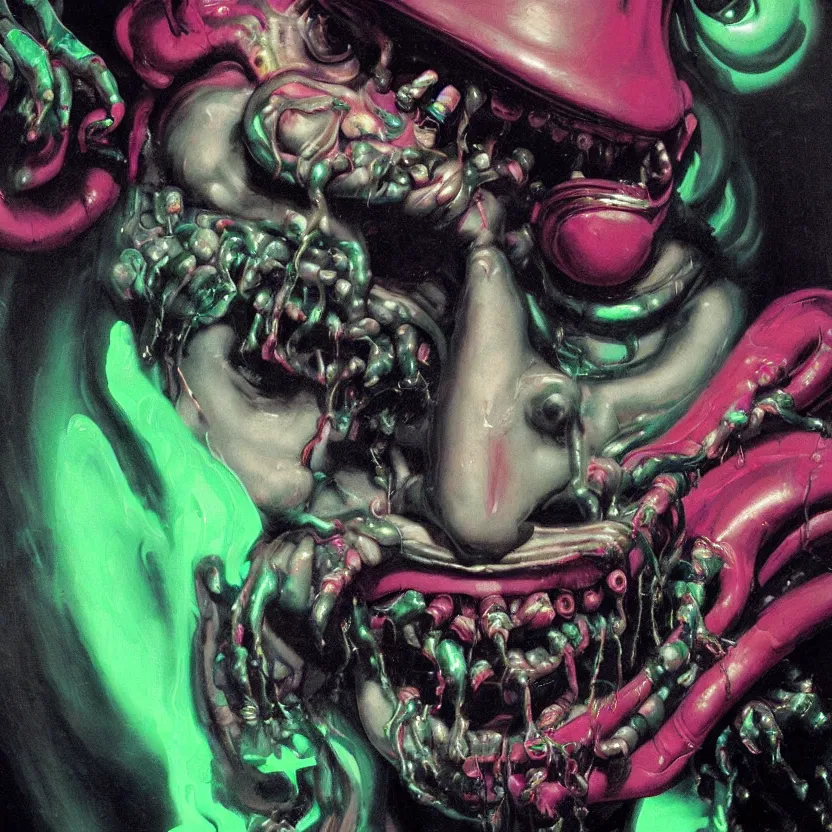 Prompt: baroque neoclassicist close - up portrait of a retrofuturistic blacklight dark alien horror clown dripping in glowing toxic slime. dark black background, glowing circus atmosphere. highly detailed science fiction painting by norman rockwell, frank frazetta, and syd mead. rich colors, high contrast, gloomy atmosphere. trending on artstation and behance.