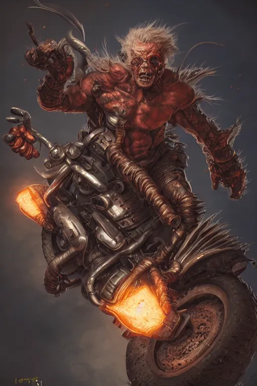 Prompt: hell mutant motorbiker, highly detailed, d & d, fantasy, highly detailed, digital painting, trending on artstation, concept art, sharp focus, illustration, global illumination, ray tracing, realistic shaded, art by artgerm and greg rutkowski and fuji choko and viktoria gavrilenko and hoang lap, sunny