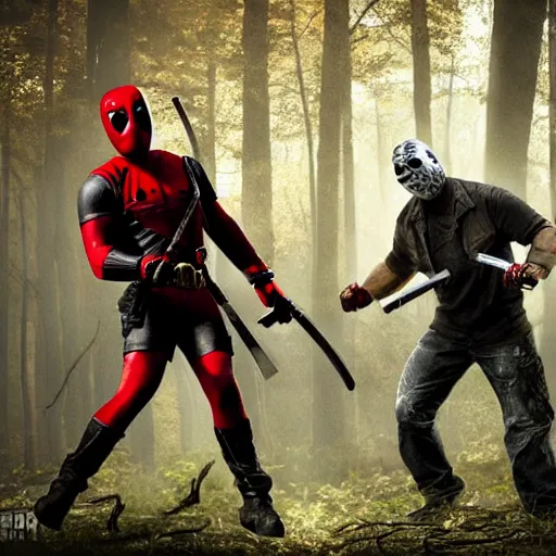 Image similar to jason voorhees fighting with deadpool in the woods digital art 4 k detailed super realistic