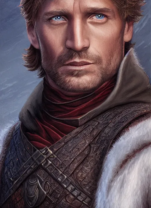 Image similar to jamie lannister by anne stokes and larry elmore, detailed matte painting, realistic portrait, symmetrical, highly detailed, digital painting, artstation, concept art, smooth, sharp focus, illustration, cinematic lighting, 8 k resolution