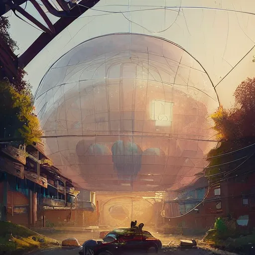 Image similar to A city trapped in a giant transparent dome, bubbles, cinematic lighting, insanely detailed, intricate, artstation, cgsociety, painted by Simon Stalenhag, concept art, illustration, sharp focus,