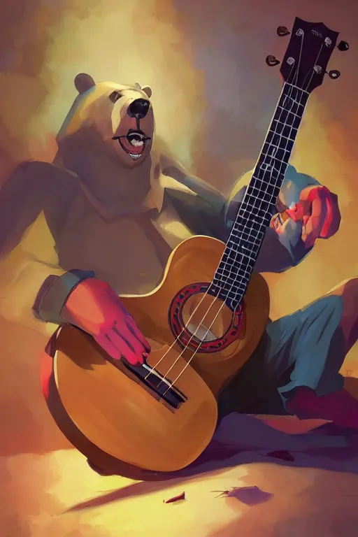 Image similar to Realistic bear as guitarman portrait, triangular v-shaped triangle of ukulele, by Jesper Ejsing, RHADS, Makoto Shinkai and Lois van baarle, ilya kuvshinov, rossdraws global illumination