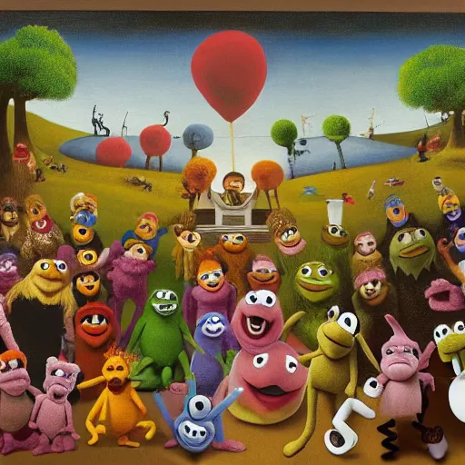 Image similar to painting of muppets and teletubbies, in the style of hieronymus bosch