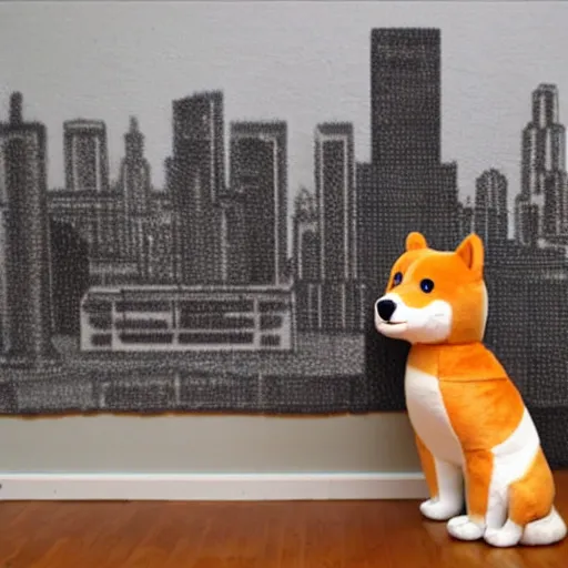 Image similar to a giant plushy shiba inu destroying a city, photo realistic, highly detailed,