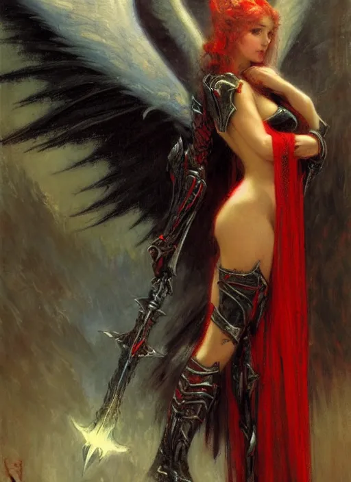 Image similar to angel knight gothic girl in dark and red dragon armor. by gaston bussiere