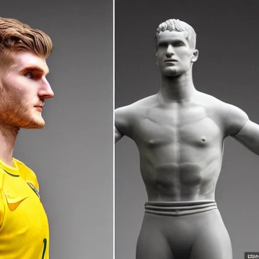 Prompt: a realistic detailed photo of a guy who is an attractive humanoid who is half robot and half humanoid, who is a male android, soccer players martin ødegaardtimo werner, shiny skin, posing like a statue, blank stare, in a factory, on display, showing off his muscles, gold soccer shorts, side view, looking at each other mindlessly