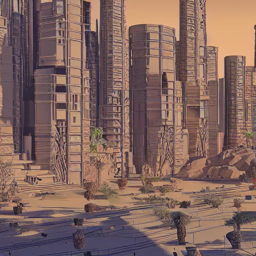 Image similar to cyberpunk pueblo architecture covering a desert landscape