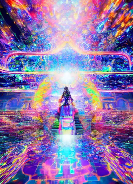 Image similar to cinematic shot cyberspace of creativity, very large floating holographic videos, hyper realistic, mood lighting, fantasy, detailed happy people creating colorful diverse art, big colorful video statues, highly detailed, super realistic, perfect lighting pixel sorting, style sheet