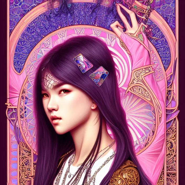 Image similar to jossi of blackpink, king, tarot card, highly detailed, digital painting, smooth, sharp focus, illustration, ultra realistic, 8 k, art by artgerm and alphonse mucha