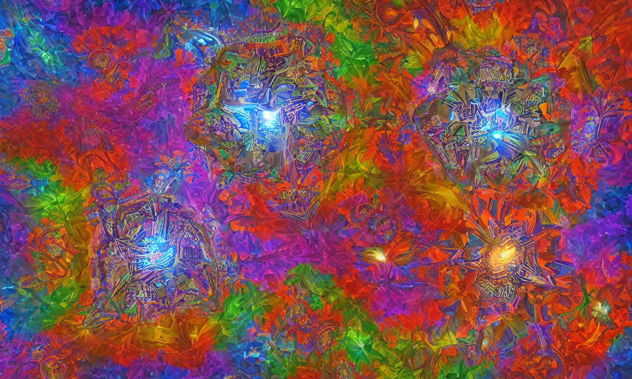 Image similar to voronoi engine laboratory 3 d volume kaleidoscope mandala fractal chakra digital multicolor stylized concept substance by artgerm, rossdraws, norman rockwell, magali villeneuve, gil elvgren, alberto vargas, earl moran, enoch bolles radiating a glowing aura global illumination ray tracing hdr