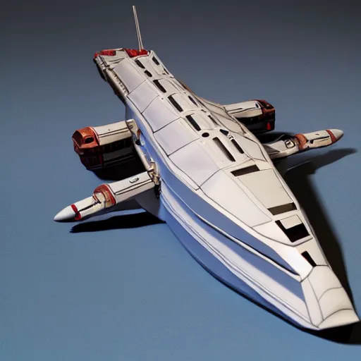 Prompt: hyperrealistic model starship sitting on a table