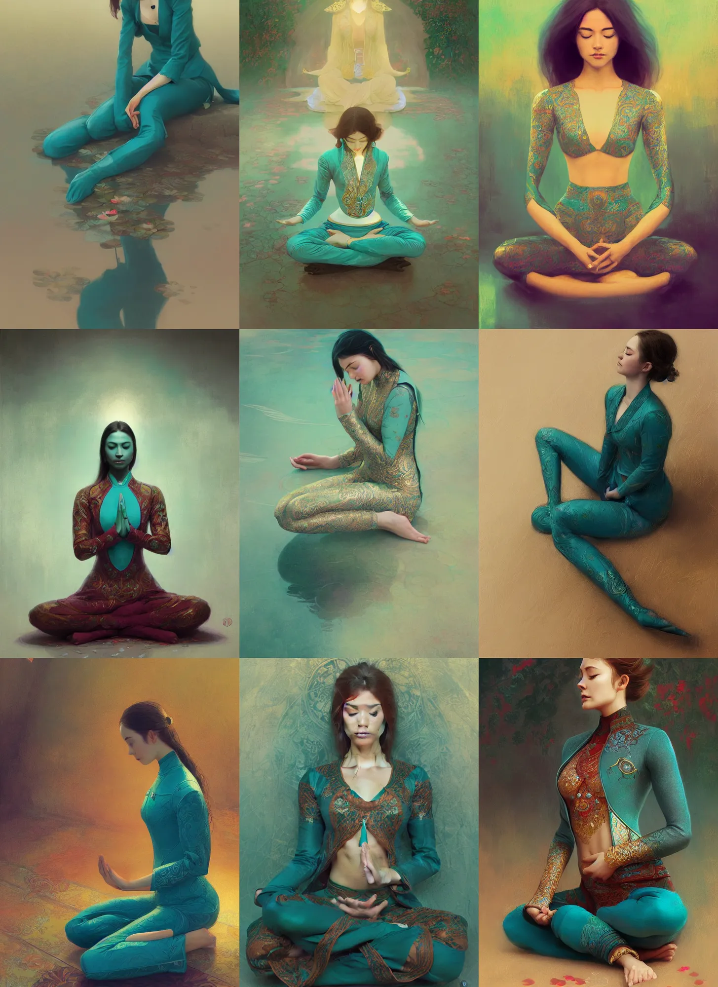 Image similar to girl meditating in lotus position, teal suit, intricate, elegant, highly detailed, artstation, sharp focus, illustration, ruan jia, mandy jurgens, rutkowski, mucha