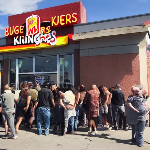 Image similar to Zombies waiting at a Burger King to eat lunch,