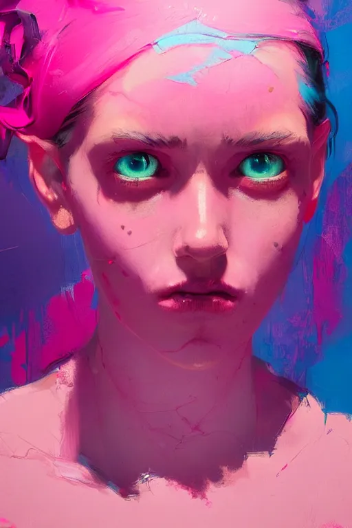 Image similar to portrait of a beautiful girl living in a postapoliptic forgotten world, her face expresses : sadness, and death, in the colors hot pink and cyan, beautiful face, rule of thirds, complex outfit, spotlight, by greg rutkowski, by jeremy mann, by francoise nielly, by van gogh, digital painting