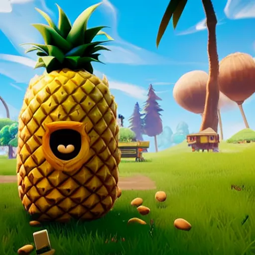 Image similar to anthropomorphic pineapple filled with beans, the bean - filled anthropomorphic pineapple is playing the video game fortnite, there are beans on the ground next to the pineapple