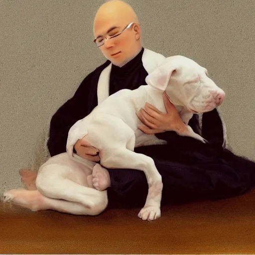 Prompt: tired white pitbull puppy curled up on a japanese man's lap, highly detailed painting, cozy aesthetic