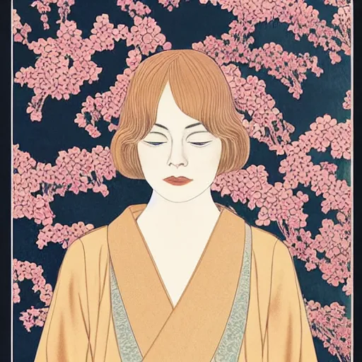 Prompt: “ emma stone portrait by ikenaga yasunari and ayana otake and ko rakusui, 6 0 s poster, drawing, realistic, sharp focus, japanese, dreamy, nostalgia, faded, golden hues, floral clothes ”