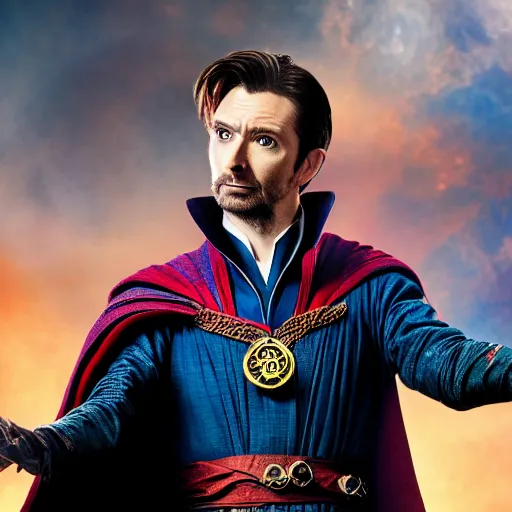 Image similar to David Tennant as Dr. Strange, professional photography, 8k, marvel, detailed