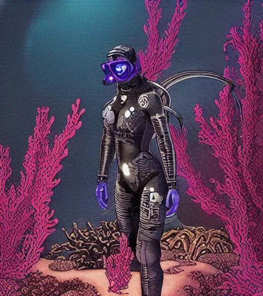 Image similar to a cyberpunk diver Polynesian woman swims through a dark alien coral reef, techwear, Industrial Scifi, detailed illustration, character portrait, by Martin Grip and Moebius