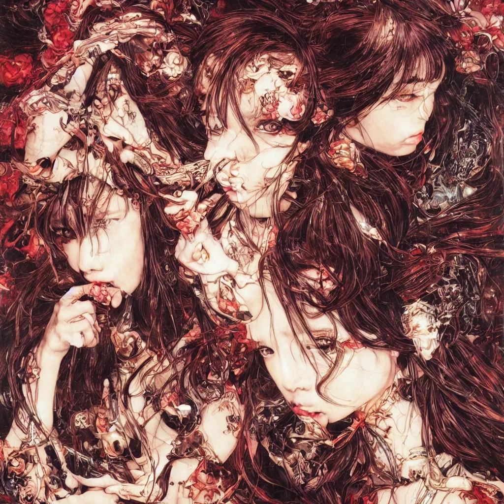 Image similar to portrait of angelababy eating a very big poly-poop by Ayami Kojima, Amano, rich deep colors