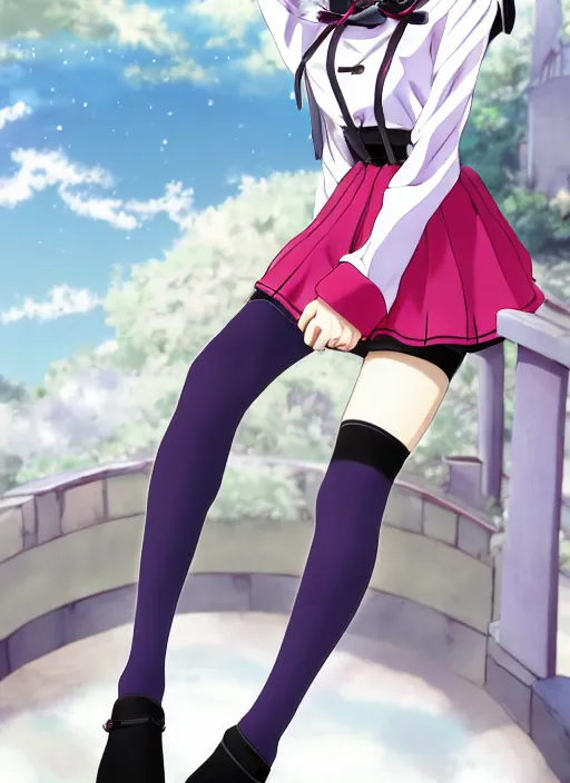 Image similar to anime, genshin impact, a female sitting while her legs are pointing to the sky, she's wearing a very high leather boots with a much longer royal white socks, wearing a red matte long sleeves that are very loose at each end, she's wearing a very short dark matte violet skirt, golden jewelries, pointy bunny ears, 4 white tails with a red him at each end, very detailed beautiful face, smiling seductively, trending on Artstation, art by ZeargeanT