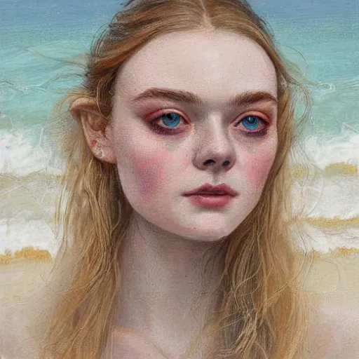 Prompt: professional painting of Elle Fanning on the beach in the style of Conrad Roset and Dino Valls and Hikari Shimoda, head and shoulders portrait, symmetrical facial features, smooth, sharp focus, illustration, intricate, stormy weather, extremely detailed masterpiece,