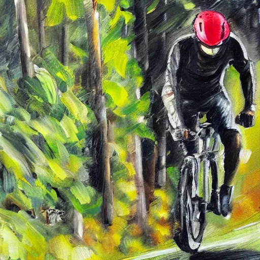 Prompt: man with helmet biking up a steep forest hill, sweaty. Oil painting. Emotional.